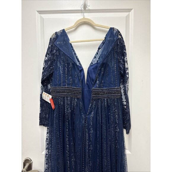 MAC DUGGAL Size 12 Navy 66591 Long Sleeve Floral Illusion Beaded Gown Dress $798 - Picture 12 of 16